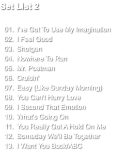 Set List 2 I've Got To Use My Imagination I Feel Good Shotgun Nowhere To Run Mr. Postman Cruisin' Easy (Like Sunday Morning) You Can't Hurry Love I Second That Emotion What's Going On You Really Got A Hold On Me Someday We'll Be Together I Want You Back/ABC